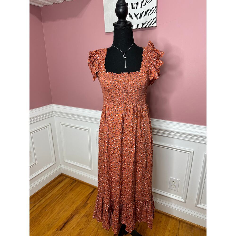 byTimo Floral Maxi Dress Orange Floral Small Short Sleeve Ruffle Smocked Cotton